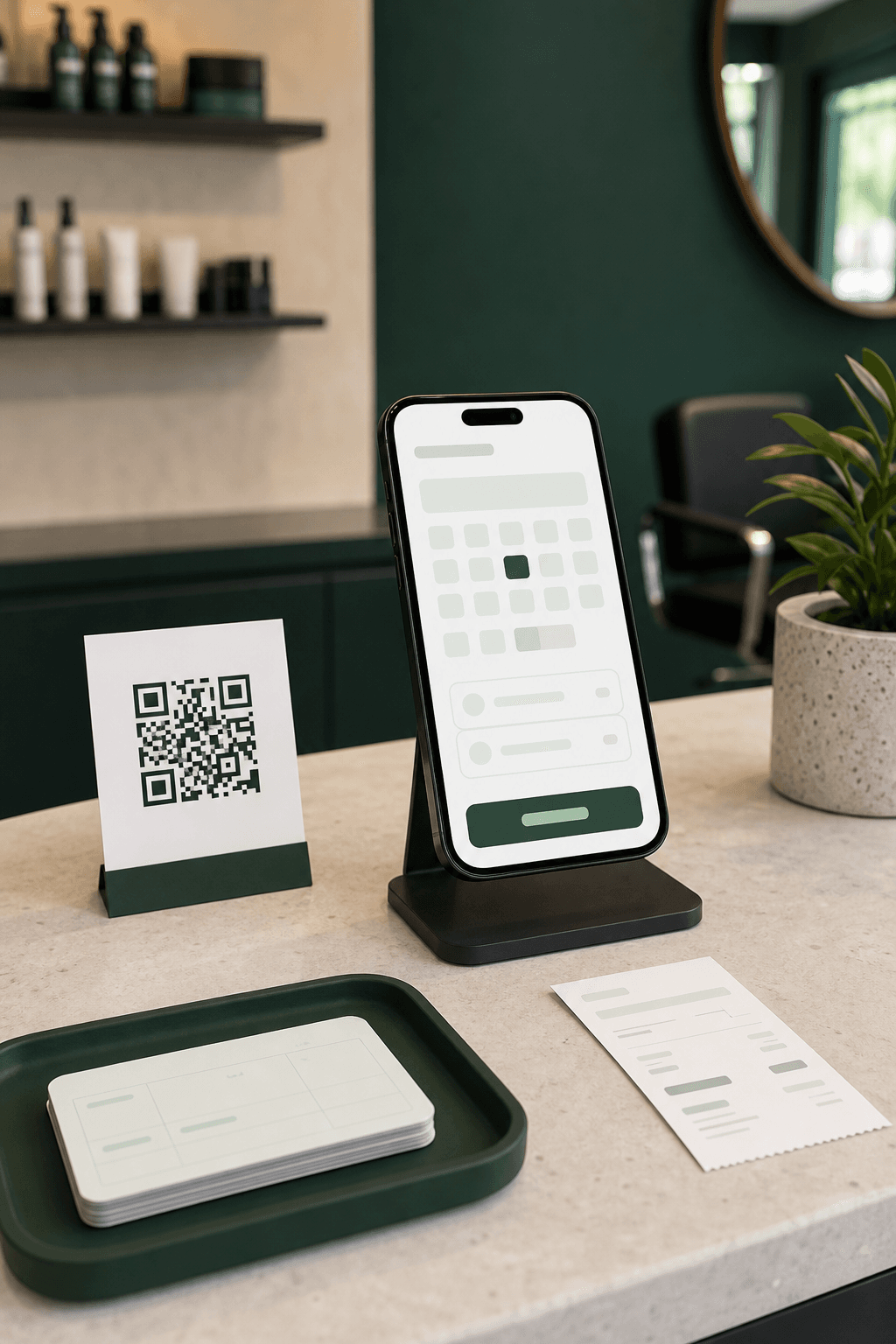 Telemóvel com página de reservas e código QR num balcão